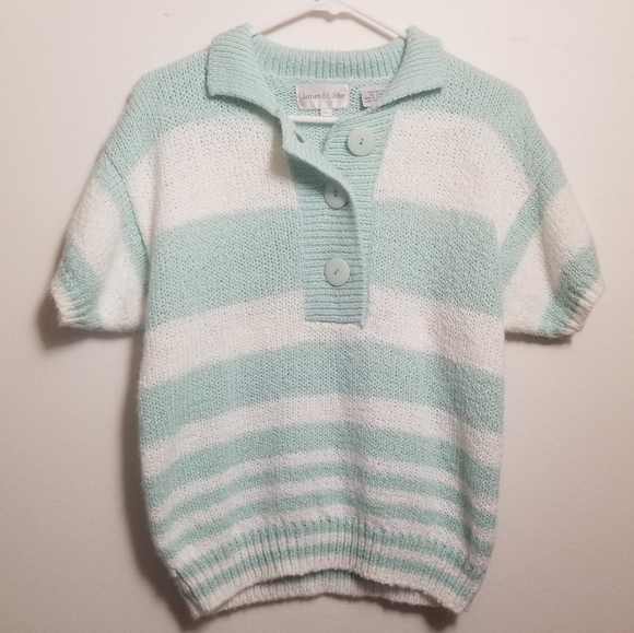 80s Blue and White knit Button Cute Shirt - Picture 2 of 8